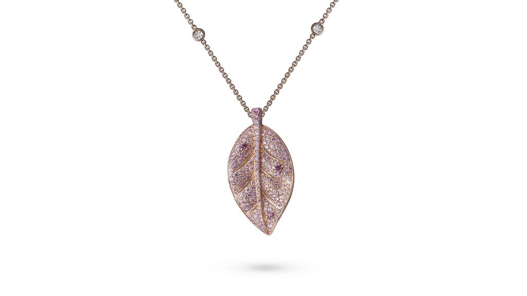 The “Argyle Pink Quokka” holds a leaf pendant in its paws that can be removed from the statue and worn as a necklace on an 18-karat rose gold chain with bezel-set white diamonds. Linneys Argyle Pink Quokka Necklace